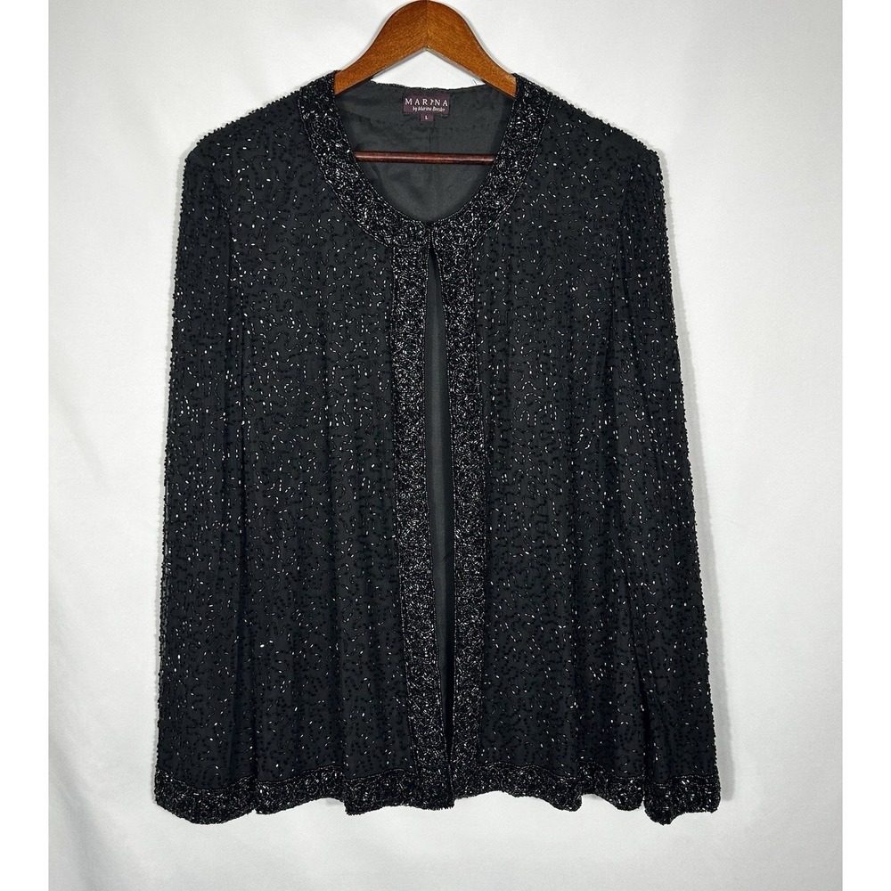 Marina Bresler Black Full Beaded Sequin Cardigan Size L Holiday Cocktail Evening